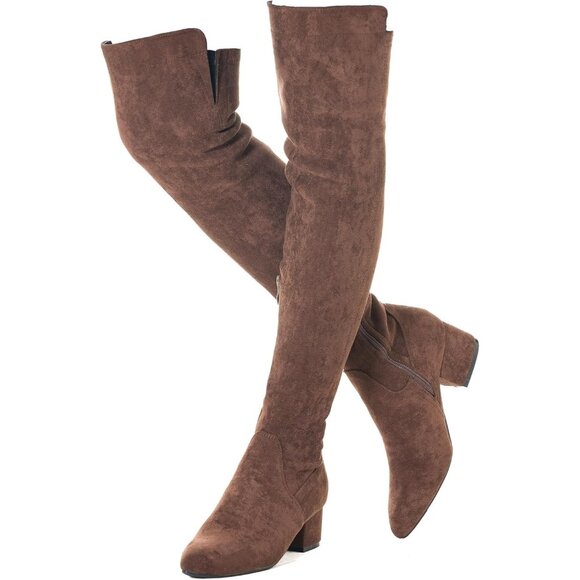 Women Coffee\2 Ihch Suede Over the Knee Thigh High Chunky Block Heel Boots - Picture 1 of 6